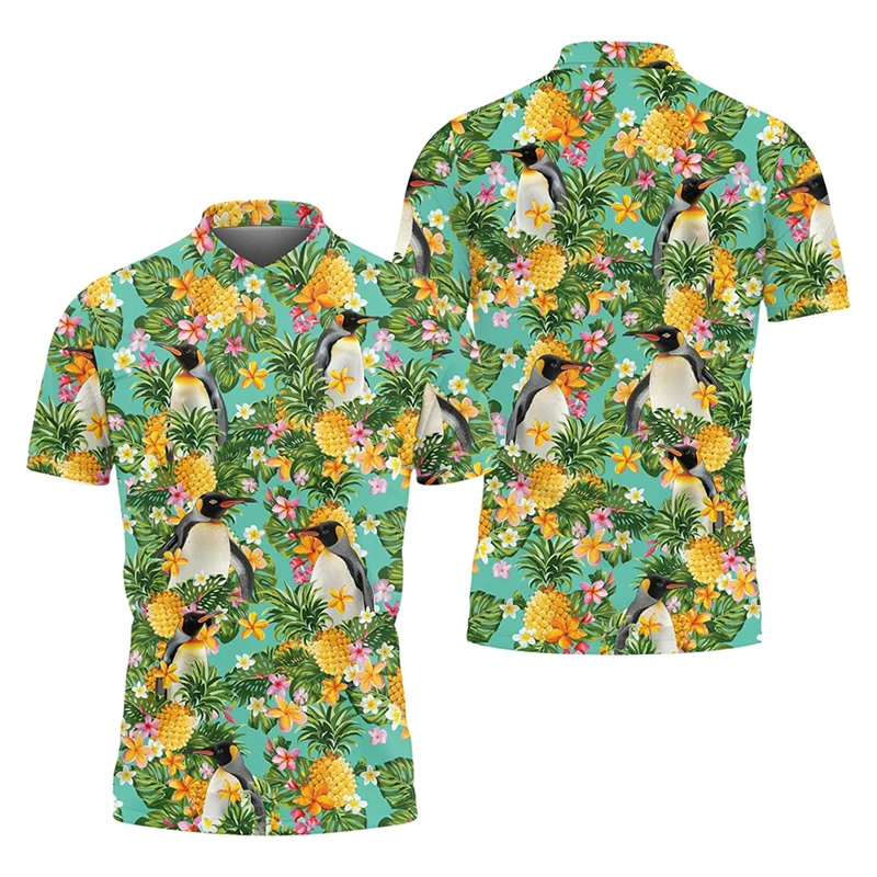 Cute Penguin Over Print Funny Hawaii Polo Shirt For Men Casual Sport Lapel Button Golf Shirts Tropical Plants Stripe Tee Top