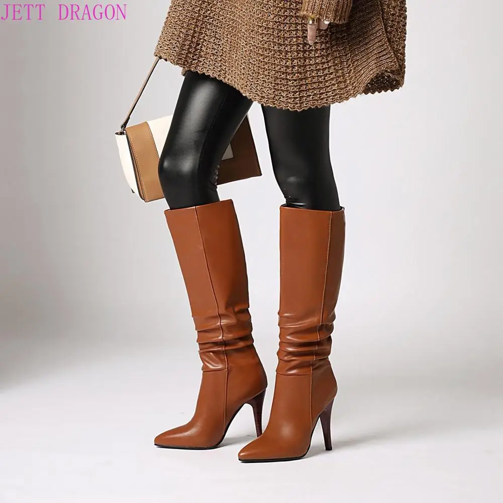 Winter Knee High Boots Women Pleated Spike Heels Long Boots Pointed Toe Super High Heel Shoes Ladies Fall Red Size 34-43