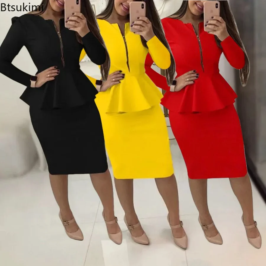 

2024 Women's Formal Office Skirt Sets Solid Zipper V-neck Pencil Knee-Length Business OL Skrit Sets Female Two Pieces Dress Sets