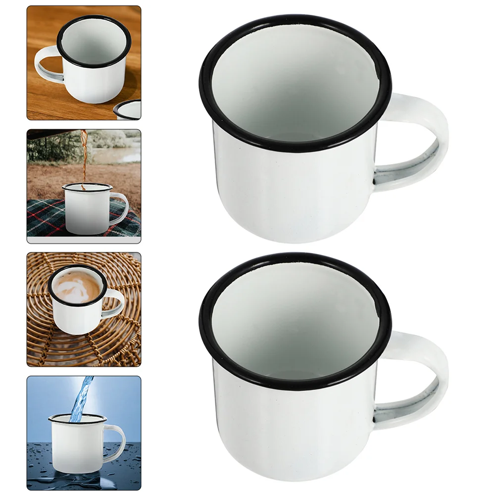 2 Pcs Drinking Cup Enamel Water Coffee Mug Vintage Stainless Steel Style Tea White