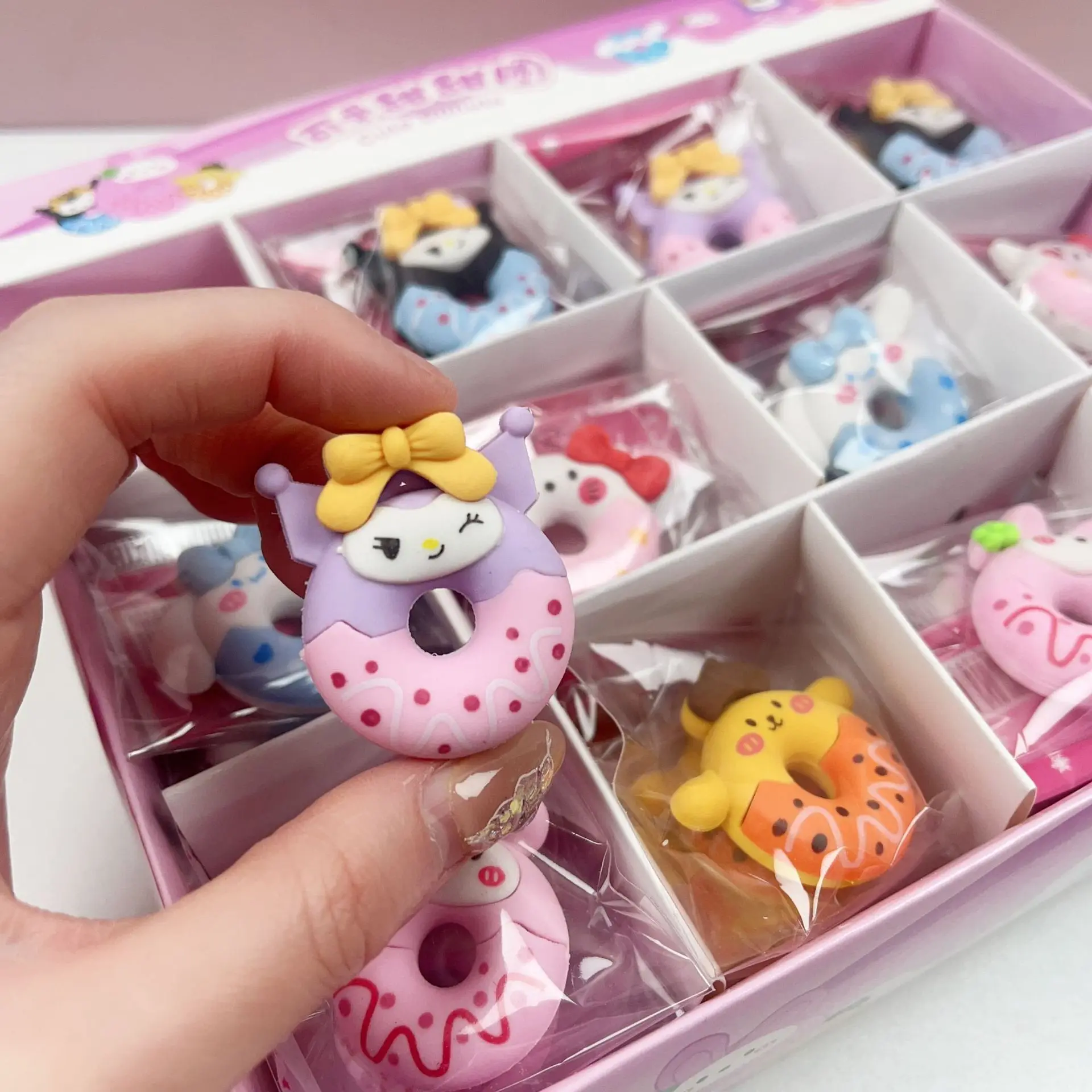 

48pc box of Sanrio Kawaii Kuromi donuts pencil erasers cute cartoon mini shapes student prizes stationery pencil erasers