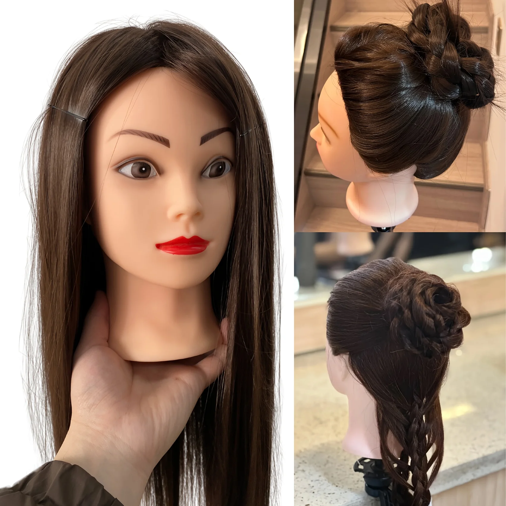 Cabeça de manequim feminina profissional de 26 polegadas com cabelo para trança, estilo e prática de design, demonstração de penteado