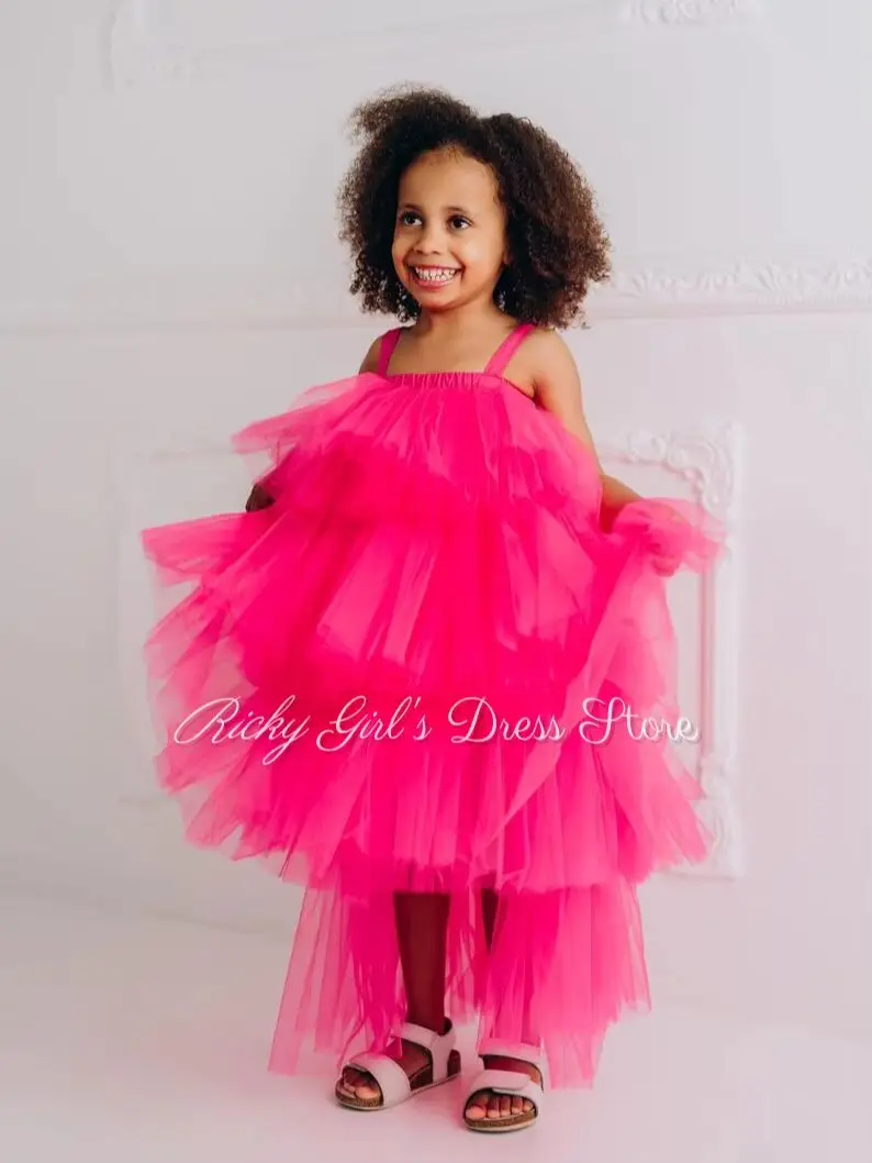Hot Pink Flower Girl Dress For Wedding Tulle Layered Spaghetti Straps Princess Kid Birthday Party First Communion Customized