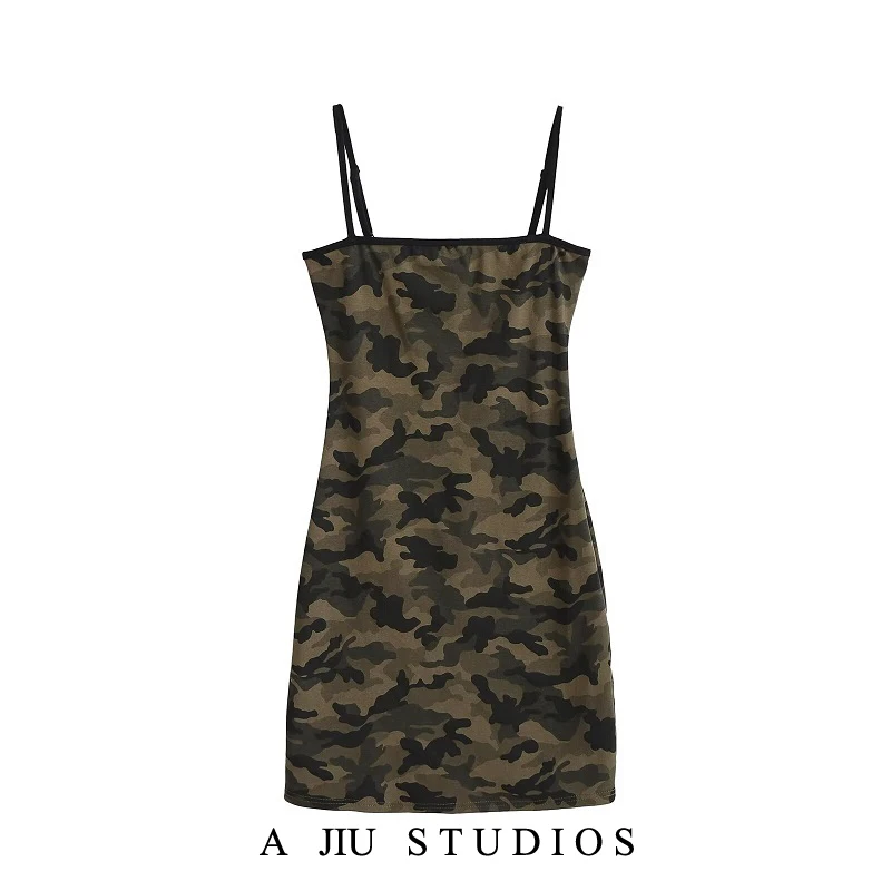 

American Retro Camouflage Print Strap Dr Women's Sexy Slimming ort Skirt Summer New Sle Cotton 95% Spandex 5% Fabric