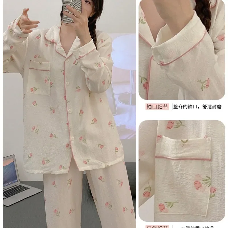 140kg Plus Size Women Long Sleeved Pajamas Set Loose Cardigan Lapel Homewear Autumn Long Sleeve Pants Suit Can Worn Outside