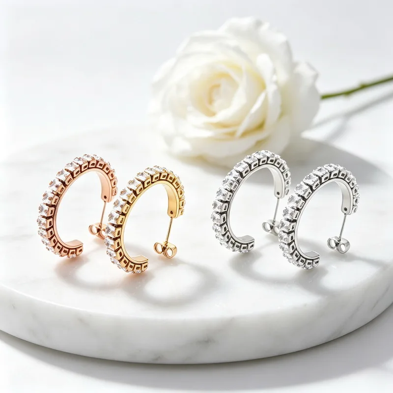 Multi Color Stainless Steel Half Hoop Earrings For Women Inlaid Zircon C Shape Earring Trendy Sparkling Statement Ear Jewelry