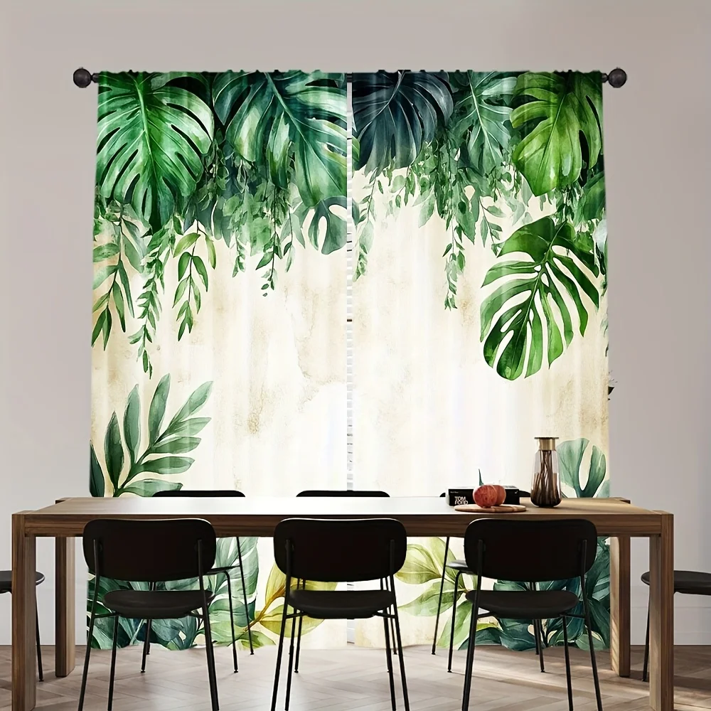 2PCS Tropical Monstera Green Plant Curtains Rod Pocket