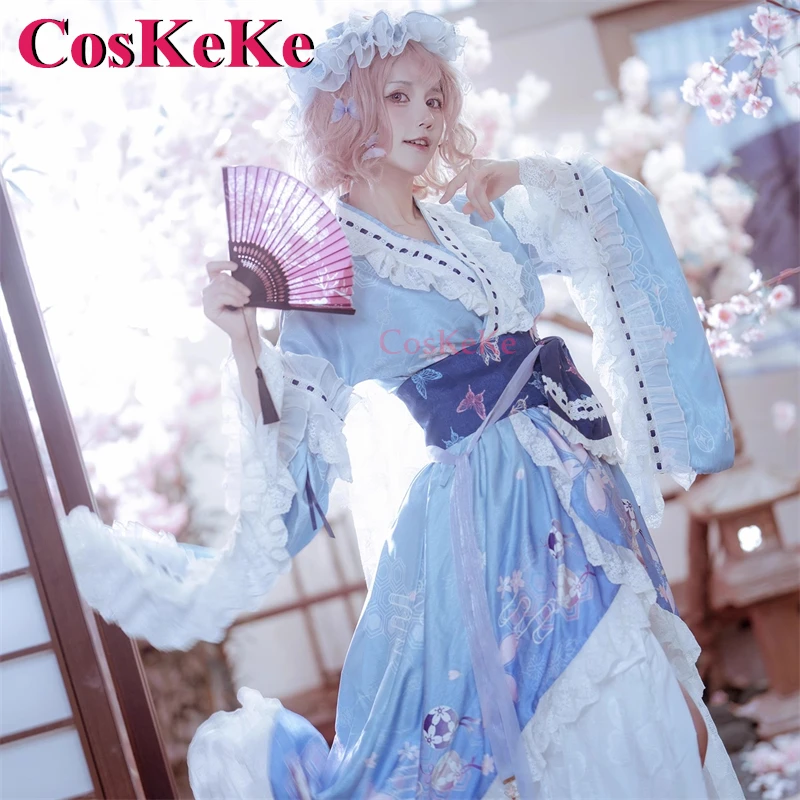 CosKeKe Saigyouji Yuyuko Cosplay Game Touhou Project Costume Gorgeous Sweet Formal Dress Halloween Party Role Play Clothing S-XL