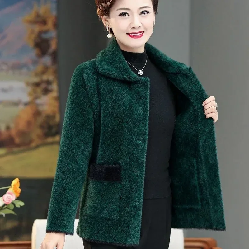 

Pop Spring And Autumn New Jacket Mother Cardigan Wool Coat Lapel Button Imitation Mink Cashmere Women's Warm Coat Overcoat