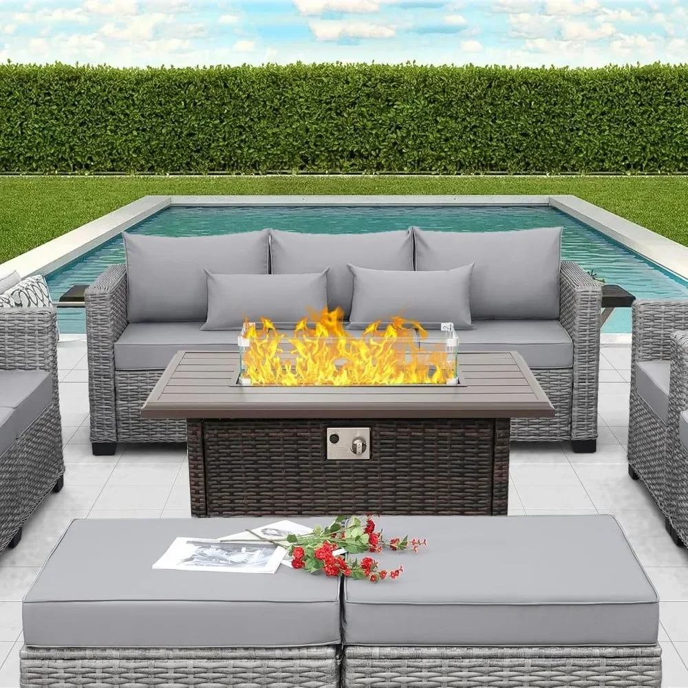 Outdoor Fire Pit Table, 43 Inches Gas Fires Pit with Steel Grille Tabletop Double Fires Tube Crystal Beads and Fire Pit Cover