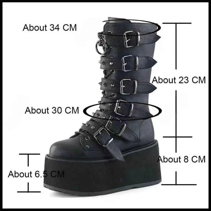 High Chunky Heeled Women Boots,Mid-calf Knee High Motorcycle Punk Style Platform Buckle Chain Lace-up Gothic Booties