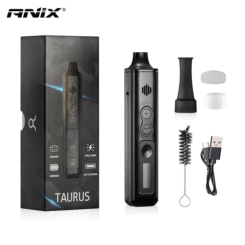 Anux taurus vaporizador de ervas secas, câmara de aquecimento de cerâmica, controle de temperatura, bateria lcd 1300mah, yocan hit palheta xmax, kit de caneta vape de ervas