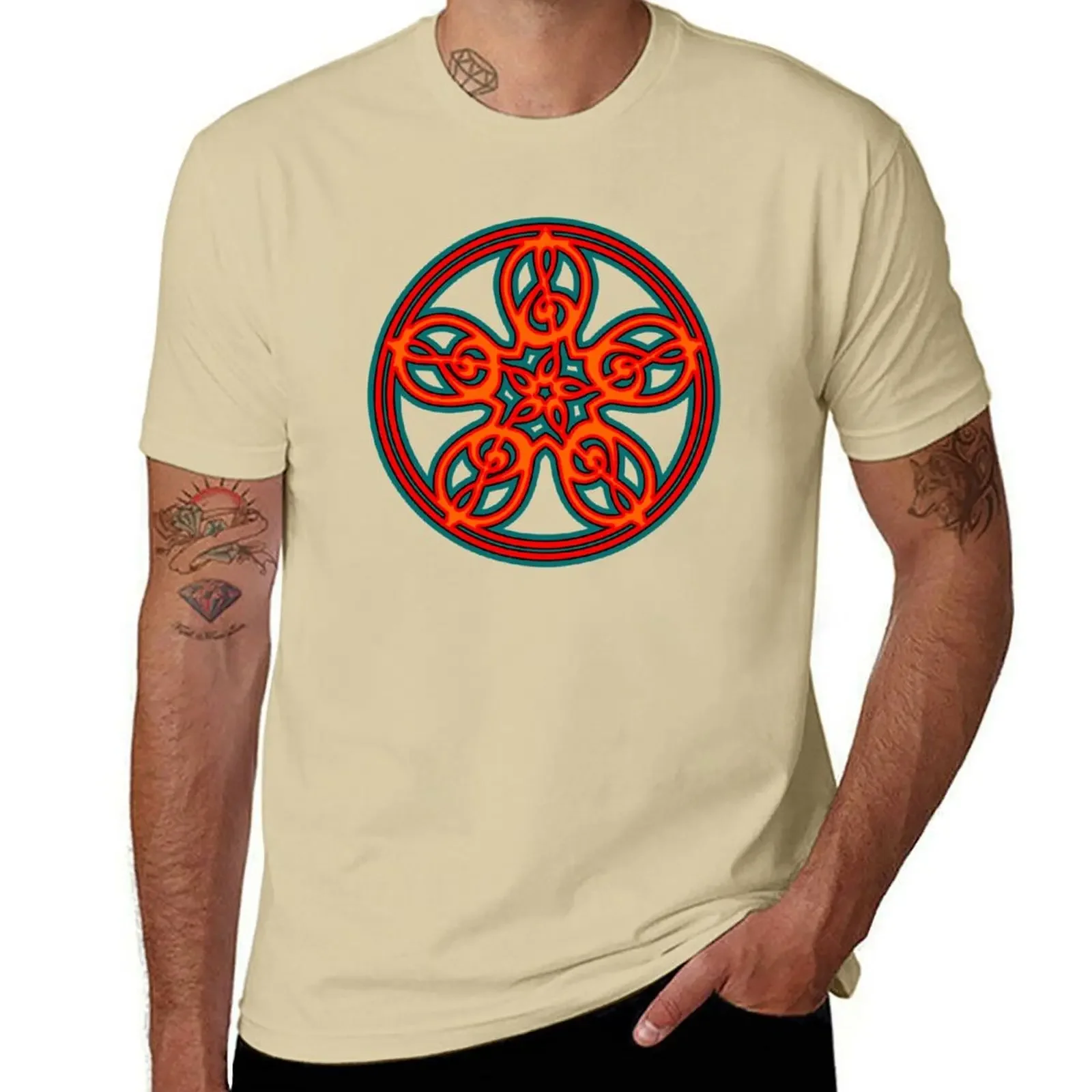 Customs Summer Tops Short Sleeve Tee Men Treble Clef Mandala (red, Orange, Teal) T-Shirt Harajuku Men Clothing Oversized cotton