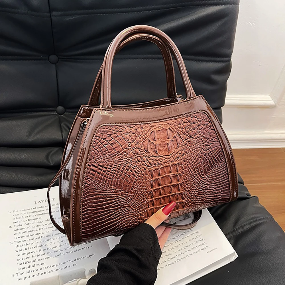 Vintage Women Handbags Fashion Glossy Patent Leather Stone Pattern Handle Crossbody Bags Elegant Ladies Shoulder Bag