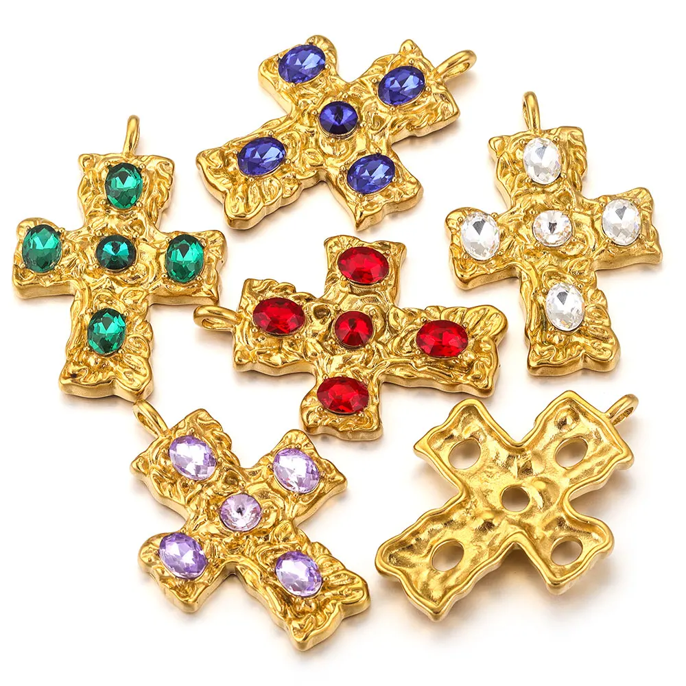 2pcs Stainless Steel Gold Plated PVD Charms Cross Insert Crystals for DIY Necklace Bracelet Jewelry Making Accessories Wholesale