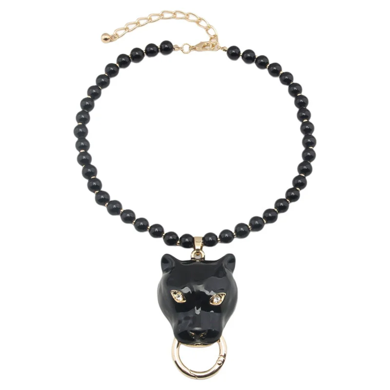 Kashmir Vintage Exaggerated Black Enamel Leopard Head Metal Pendant Necklaces for Women Beads Chokers Fashion Accessory
