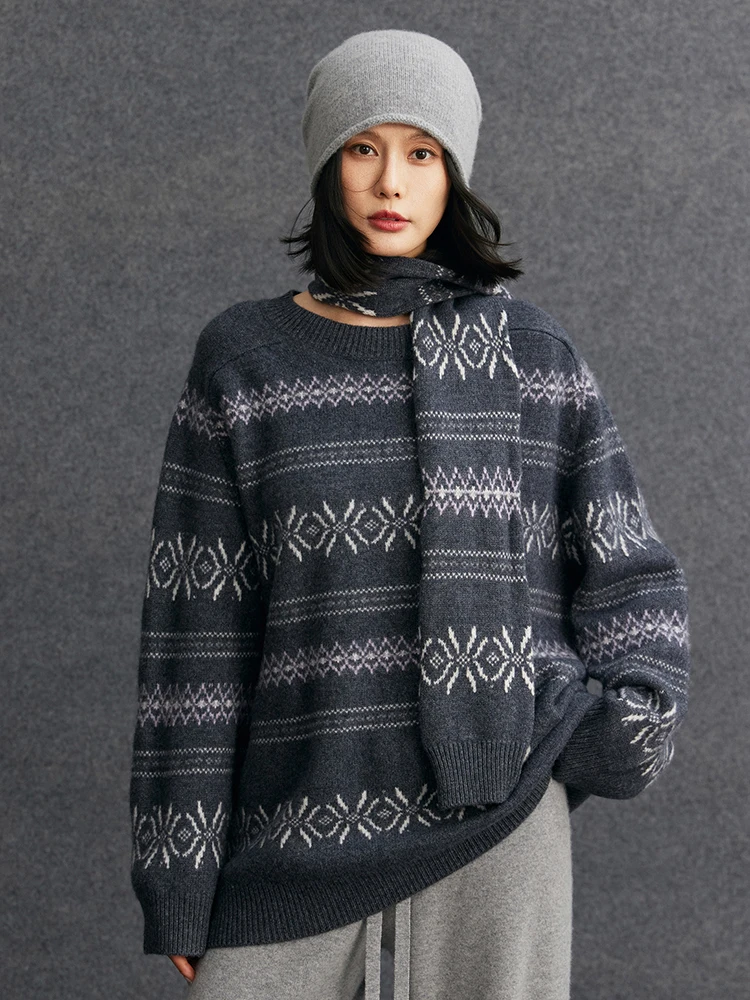 

TLOML Women's 100% Cashmere Sweater O-neck Pullover Vintage Style Jacquard Cashmere Knitwear Thickness Jumper Autumn Winter Tops