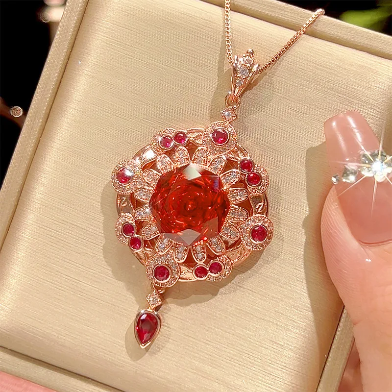 

Хит продаж: новые украшения с медной основой, позолоченные, с оранжево-красным кисточкообразным кулоном в форме розы из розового золота и основным камнем 14 мм.