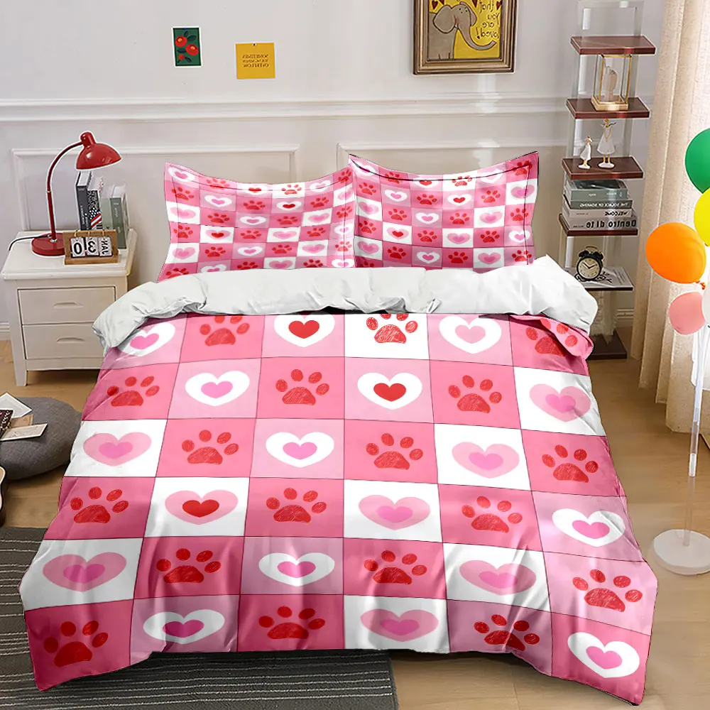 

Pink hearts and paw prints Pattern Duvet Cover Set Digital Print Colorful Polyester Bedding with Zipper Closur for kids gifts