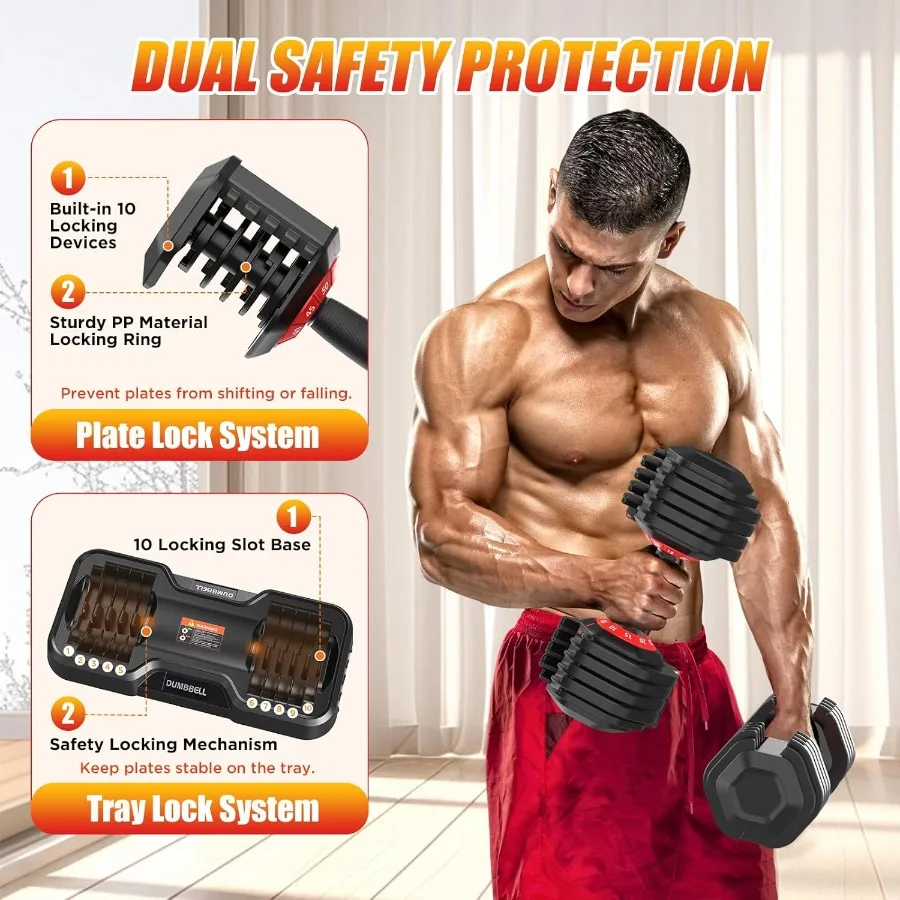 مجموعة دمبل قابلة للتعديل مع مقبض مضاد للانزلاق ونظام قفل أمان مزدوج لتمرين الجسم بالكامل: متعددة الاستخدامات 25 52.5 55 رطل We