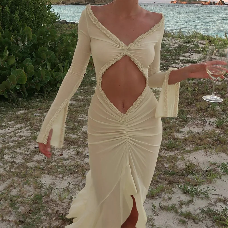 Vestido de malha conciso feminino manga longa corte shirring assimétrico ver através vestidos femininos férias praia alta divisão vestidos