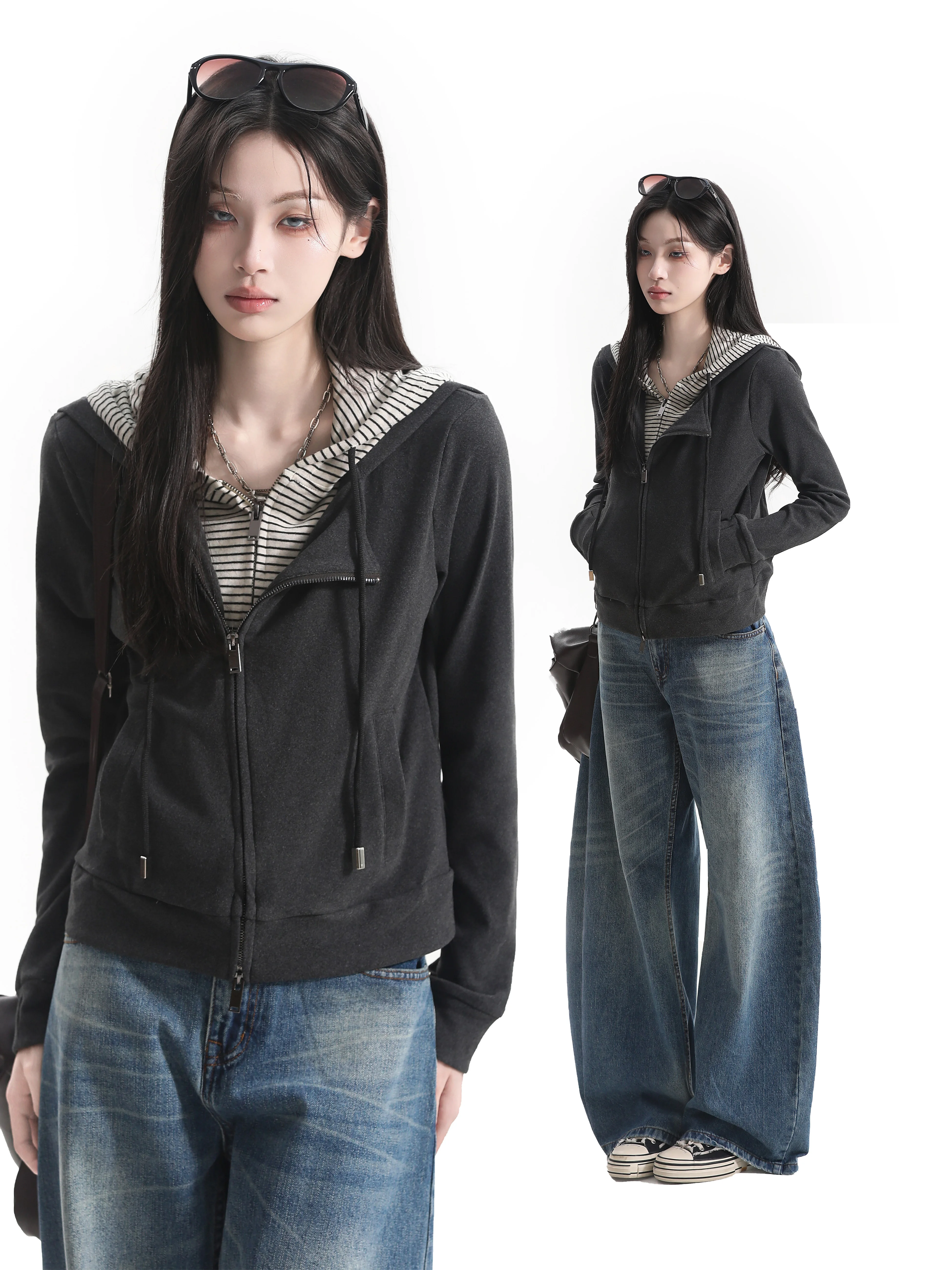 Slim Fit American Light Stripe Color Block Double Layer Hoodie Casual Style Long Sleeve Breathable Comfortable Women's T-shirt
