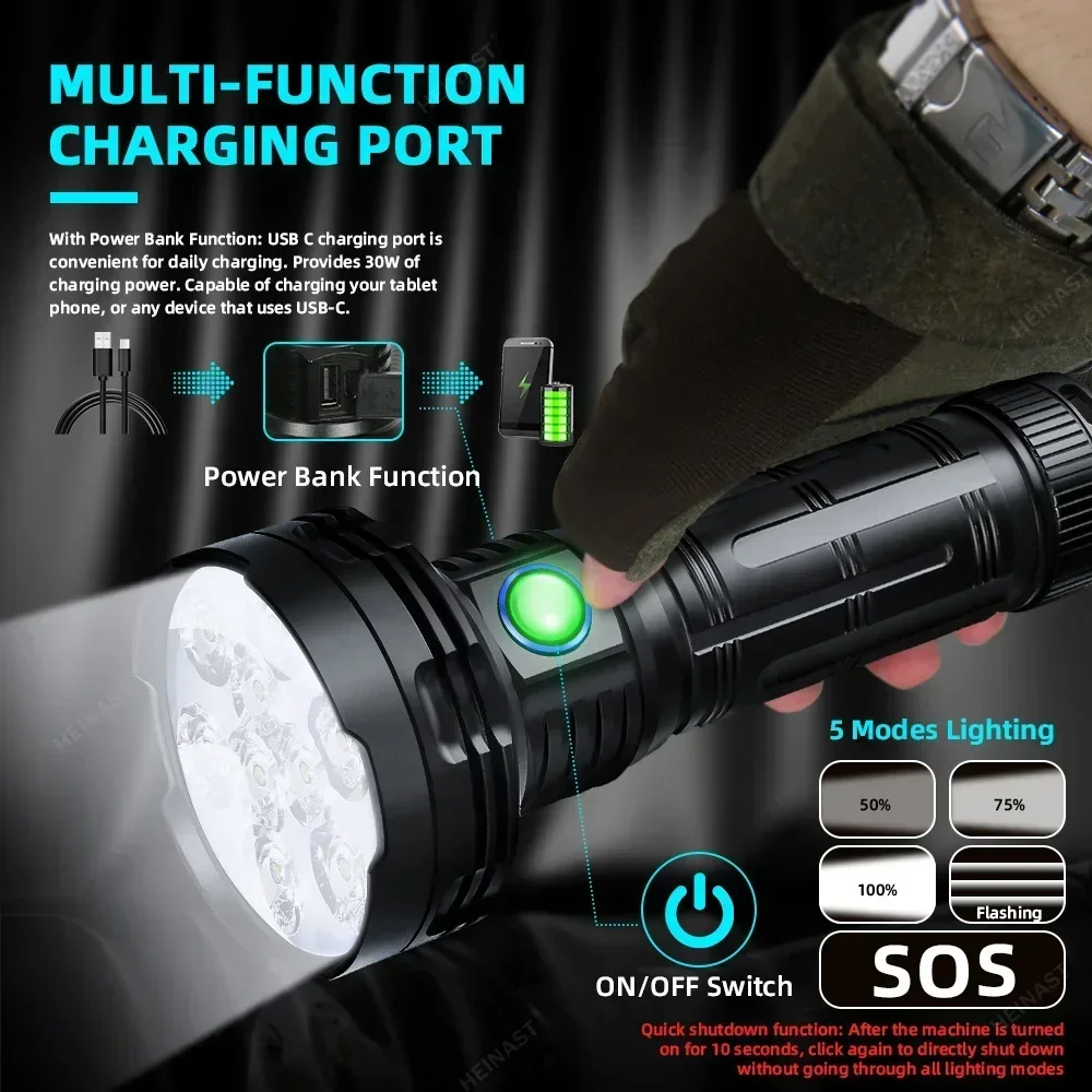 KDULIT F99 Super Bright 9/6 LED Flashlight USB Rechargeable Powerful Outdoor Tactical Torch Fishing Camping Waterproof Lantern