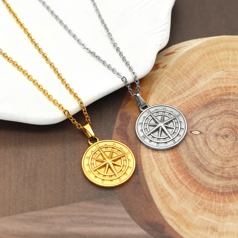 Gold Color Mens Compass Necklaces,Vintage Viking North Star Anchor Medal,Stainless Steel Pendant for Male Boyfriend Dad Gift
