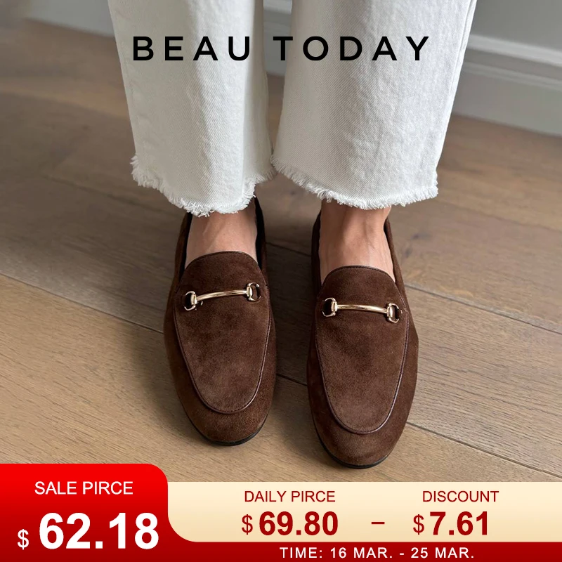 

BEAUTODAY Loafers Women Suede Round Toe Vintage Metal Decoration Solid Color Casual Flat Shoes Female Handmade 26206