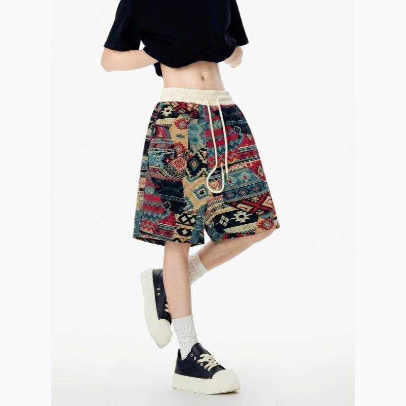 American retro ethnic shorts men's summer versatile casual loose straight wide-leg five-point beach pants