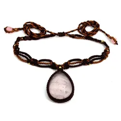 Crystal Braided Stone Pendant Necklace For Women Natural Rose Pink Quartz Handmade Thread Rope Wrapped Macrame Chain Necklace