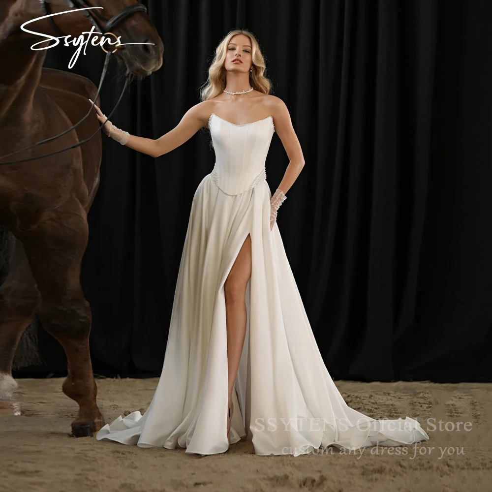 

SSYTENS Customized Stain Strapless Wedding Dresses Pearls A-Line High Side Slit Sleeveless Backless Lace Up Bridal Gowns 2026