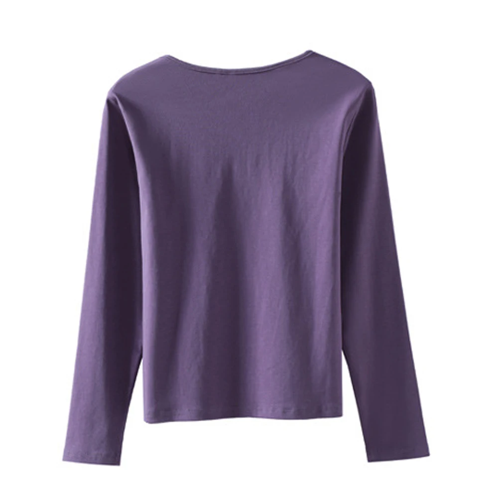 Korean style purple long sleeved T-shirt for women's spring and autumn new high-end cotton fashion plus V-neck casual top