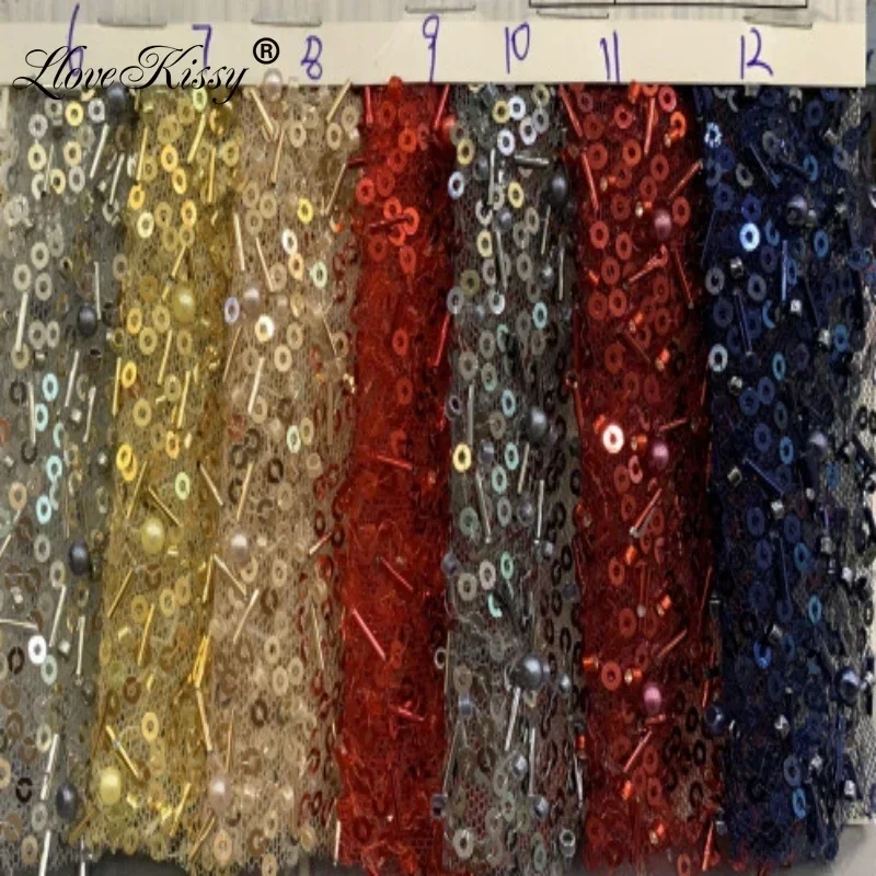 12 Colors In Stock New Mesh Embroidery Beads+3MM Sequin Fabric for Wedding Evening Dresses Bead Embroidery Fabric Width 125CM