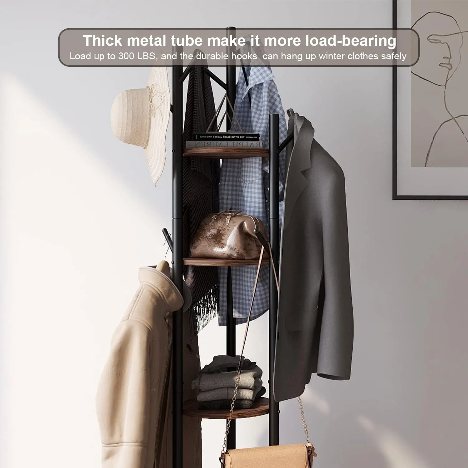 [Helong Store]Rotary Coat Rack Freestanding Metal Coat Hall Tree Stand with 4 Tiers Storage Display Shelf and 9 Hooks for Entryw