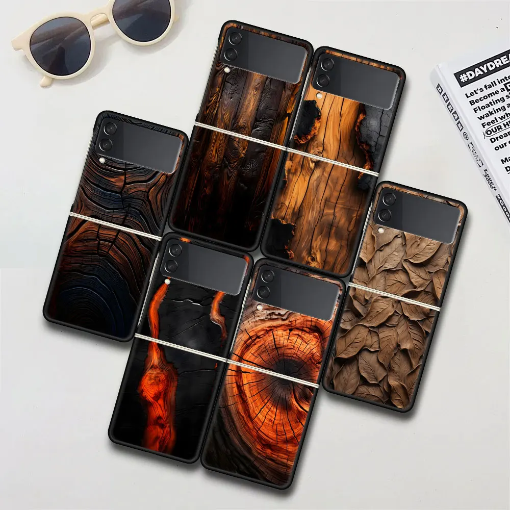 Carved Wood Case for Samsung Galaxy Z Flip 4 3 5G Black Hard PC Cover Zflip4 Zflip3 Folding Mobile Phone Coque Flip4 Flip3 Capa