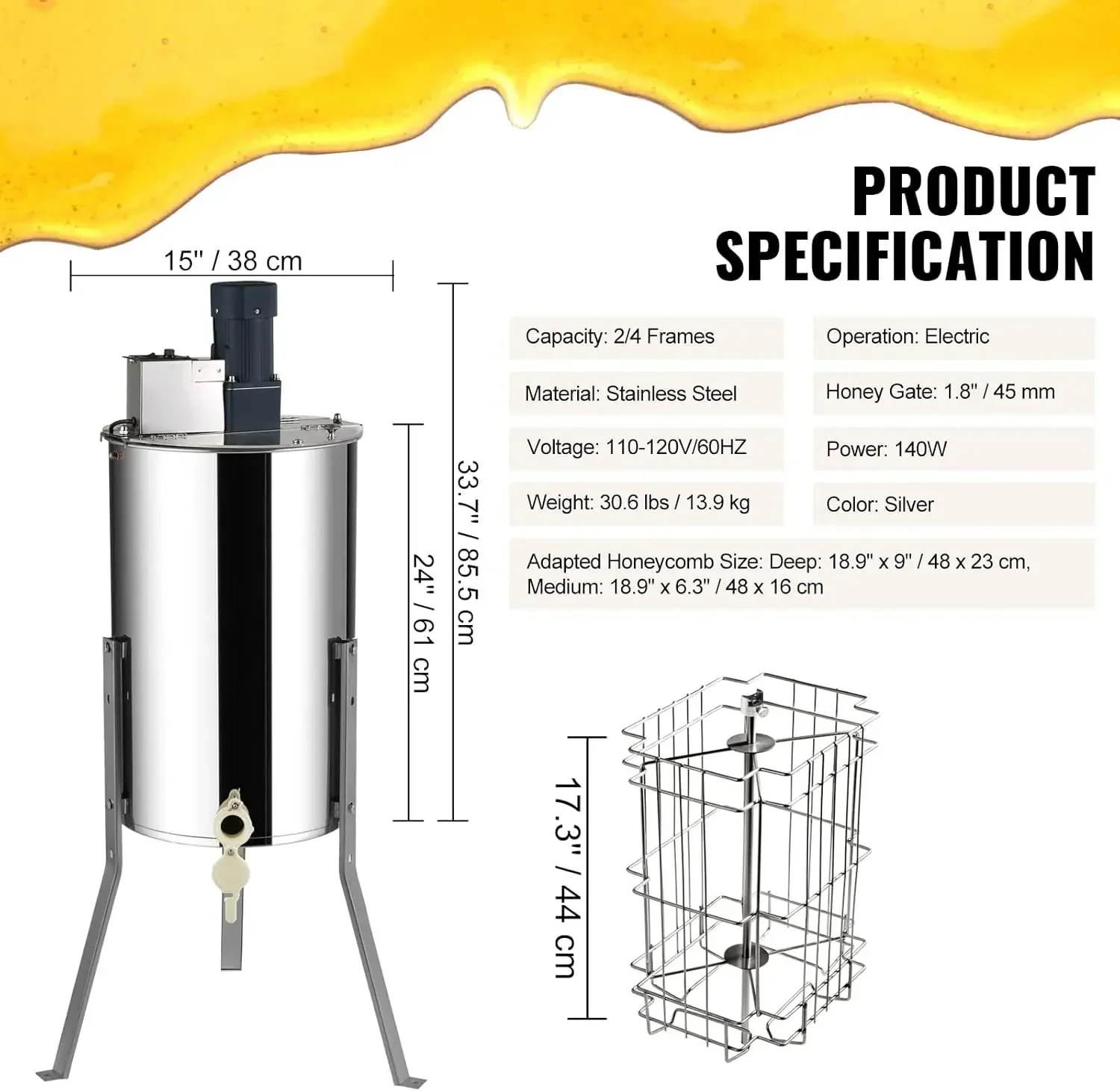 Electric Honey Extractor 2/4 Frame, Stainless Steel Beekeeping Extractor Equipment with Adjustable Stand and Clear Lid