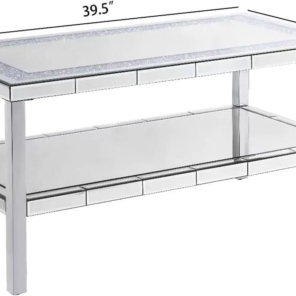 Stainless Steel 2-Tier Glass Coffee Table with Crystal Accents and Mirrored Sofa Table for Living Spaces