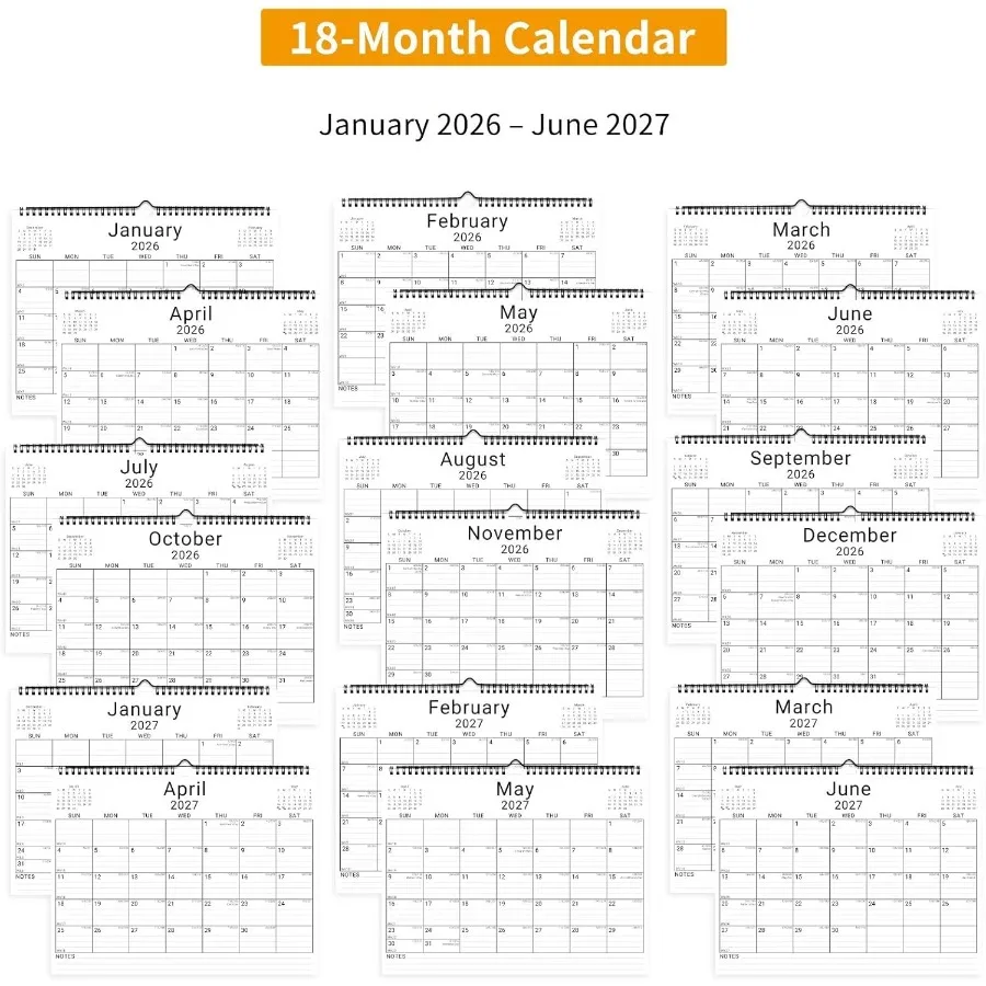 2026 calendário de parede 12 meses 11 "x 8,5 '' ano organizador mensal de janeiro 2026-2027 pequeno mini horizontal em branco espiral encadernado w