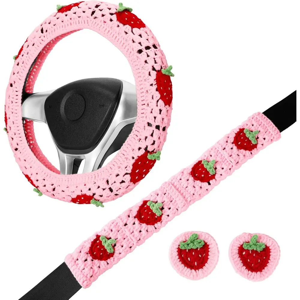 

Crochet Steering Wheel Cover Set, Cute Car Steering Wheel Cover 14-15in, Pink Strawberry Granny Square, Women Car Accessories (W