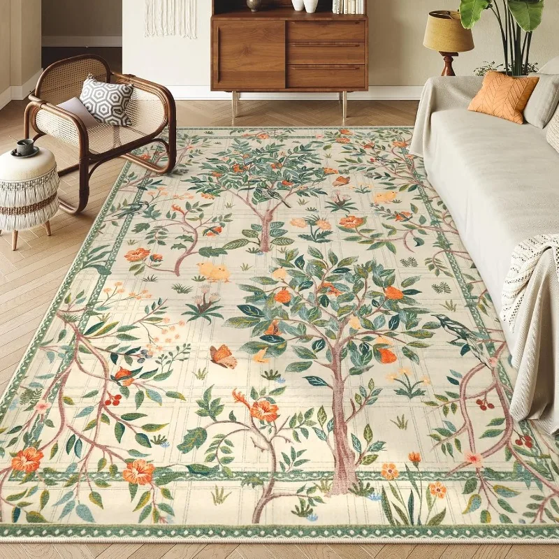 Dark Green Floral Carpet for Living Room Soft Non-Slip Machine Washable Floor Mats Botanical Print Indoor Nursery Bedroom Rug 러그