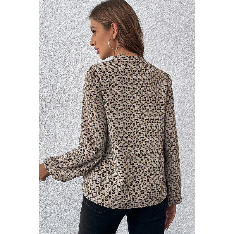 Y2K خريف جديد ريترو البلوز قميص المرأة أنيقة الخامس الرقبة الطباعة طويلة الأكمام فضفاضة موضة تنوعا بلوزة شيفون عادية #3