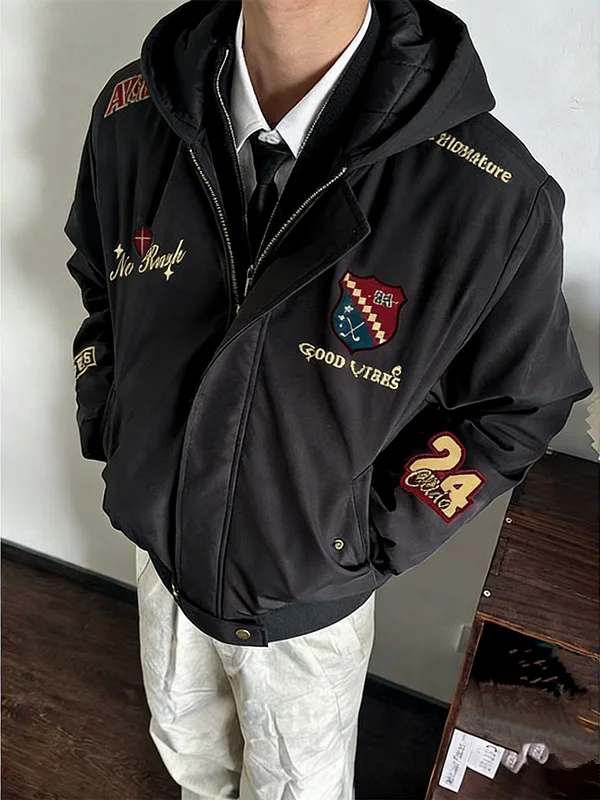 

Casual American Racing Sle Baseball Jaet Men's Loose Fit Hooded Embroidered Spring Autumn Trendy Brand Outerwear for Couples