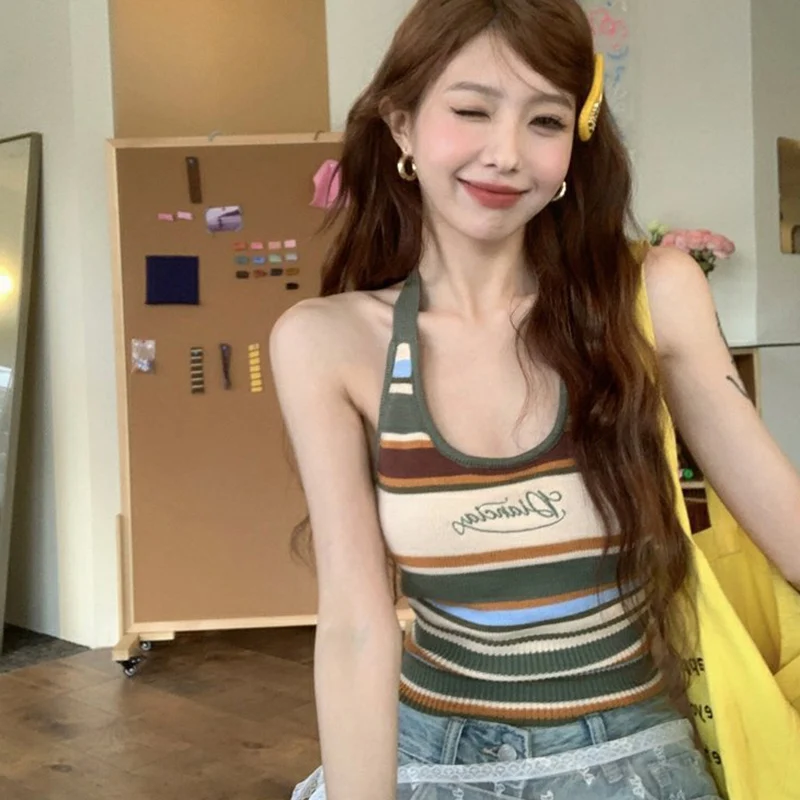 Streetwear Mix Color Stripe Knitted Tank Tops Women Summer Beach Hanging Neck Vest Woman 2025 Fashion Slim Fit Y2K Vests Female