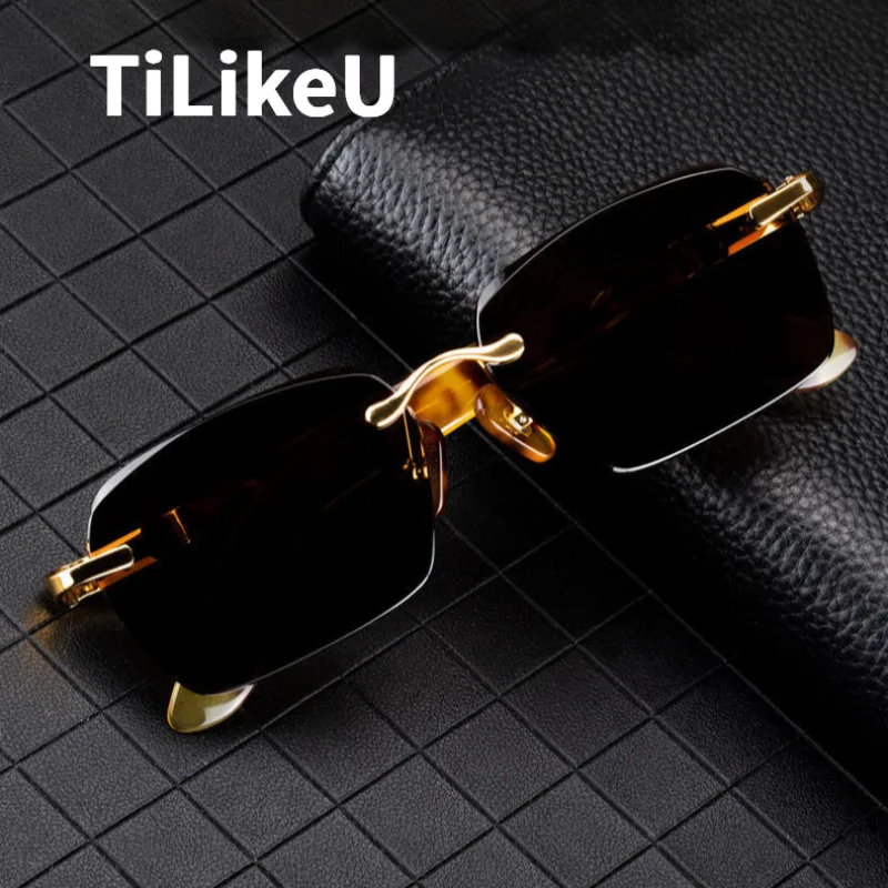 

2025 Vintage Rimless Cut edge Glass Lens Anti-scratch Handmade Acetate Sunglasses UV400 Outdoor Men's Driving Travel Sun Glasses