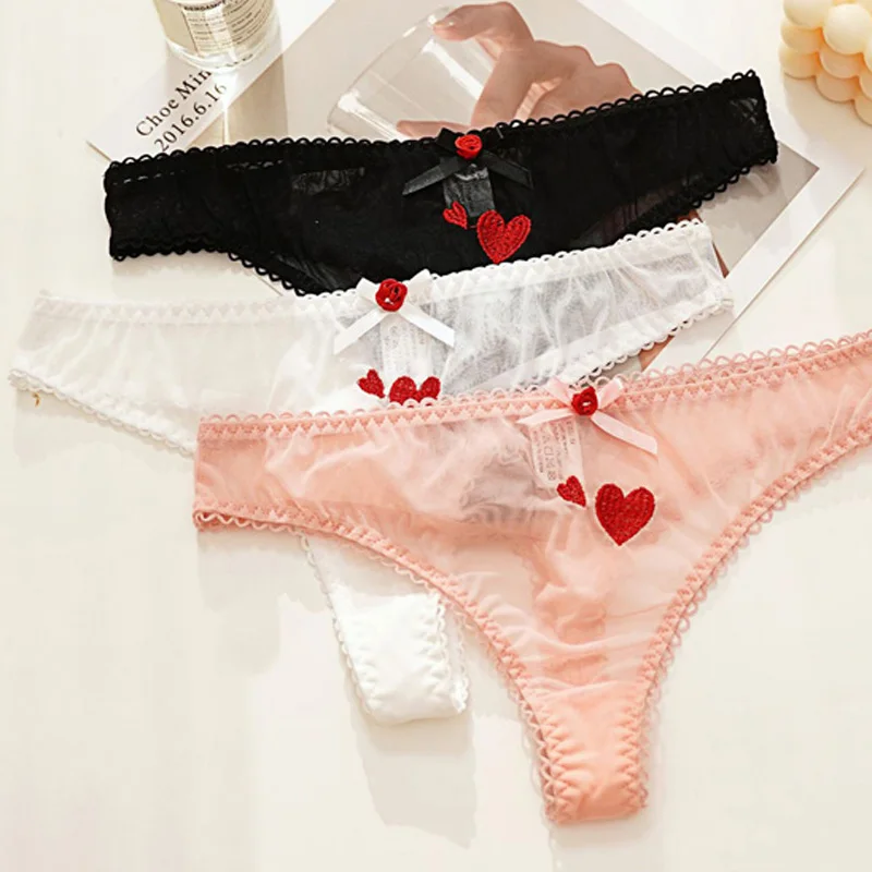 CINOON Ladies Mesh Temptation G-string Thong Lingerie Women Sexy Lace Low-waist Panties Love Embroidered Transparent Underpants