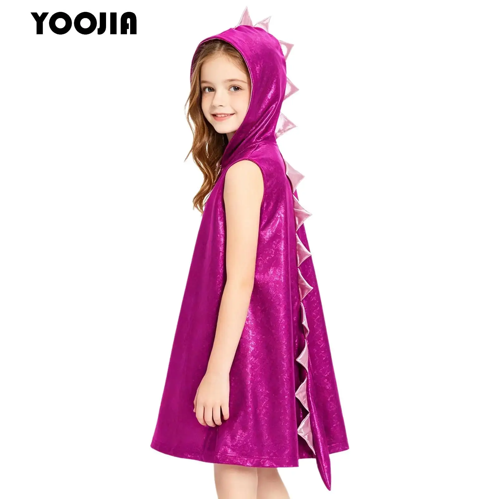 Animal Fancy Dress Up Girls Dinosaur Dress Kids Sleeveless Metallic Shiny Hooded 3D Tail Dress Theme Party Performance Costumes