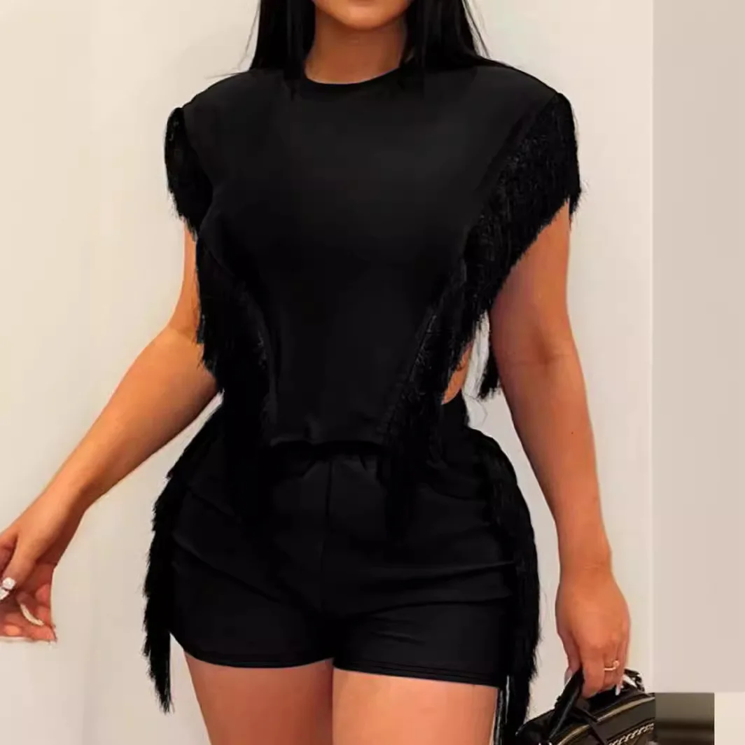 

2025 модная женская одежда с круглым вырезом, уличные однотонные модные брюки с короткими рукавами и кисточками с хвостом Феникса, сексуальные брюки из двух предметов S