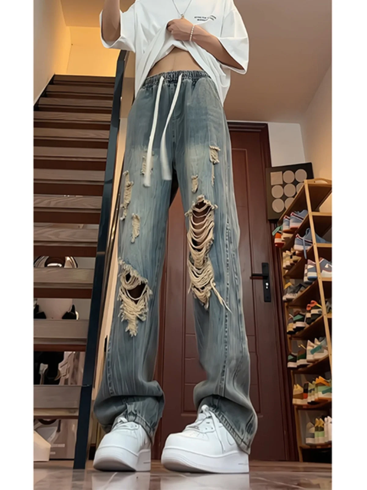 

Lightning Pattern Hole Denim Jeans Men's Summer Desert Sle Long High Waist American Vibe Micro Flared Pants Straight Leg Fit