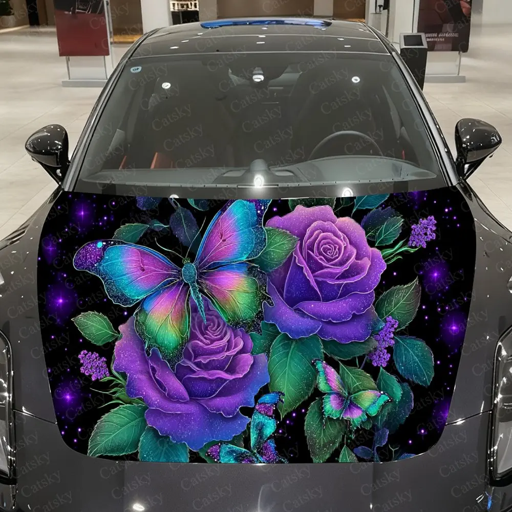 

Starry Purple Butterfly & Rose Car Vinyl Wrap, PVC Material Waterproof Car Hood Sticker, Self-Adhesive Scratch-Resistant Sticker